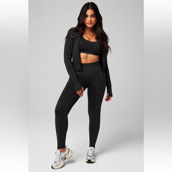 Fabletics X Khloe Kardashian black sparkle jacket & high waisted sparkle legging - Picture 1 of 13